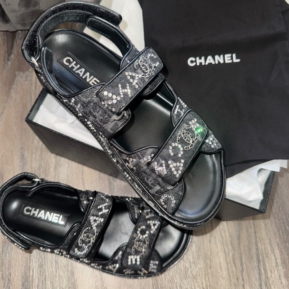 Chanel G35927 NT916 Sandals – Black Denim & Rhinestone, Size 38 (Worn Once) - Picture 1 of 7